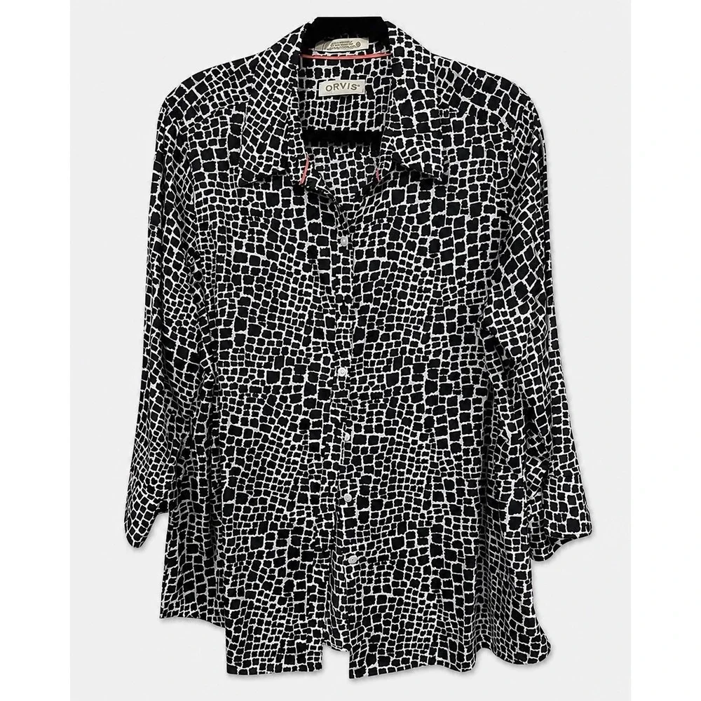 Orvis Shirt Women 16 Black White Geometric Wrinkle Free Cotton Button Down
